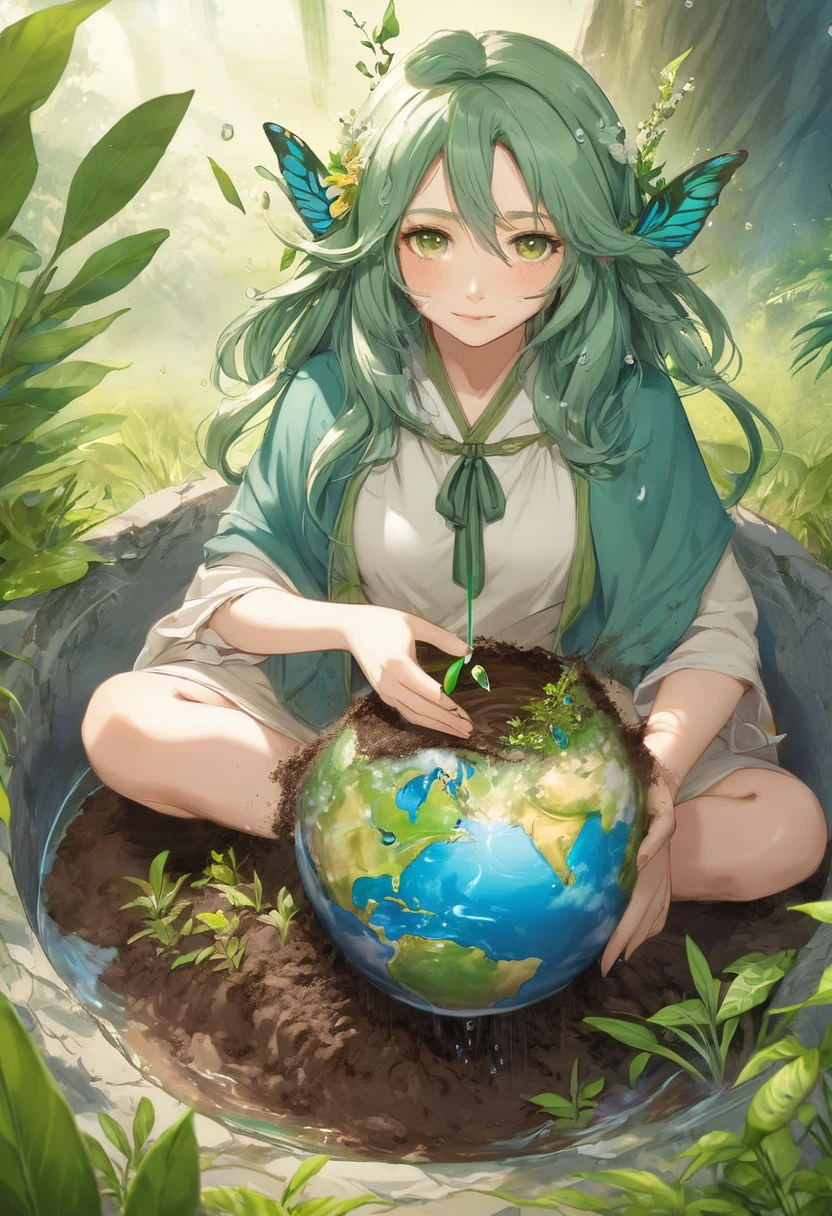 One girl, Female Earth Spirit, Earth-colored hair, Internal soil springs, Put a few drops of earth water on your skin,