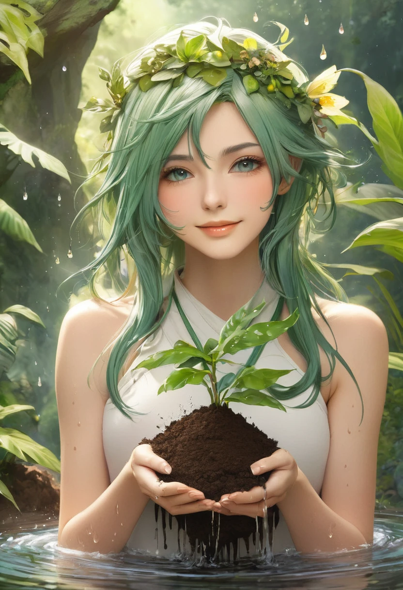 One girl, Female Earth Spirit, Earth-colored hair, Internal soil springs, Put a few drops of earth water on your skin,