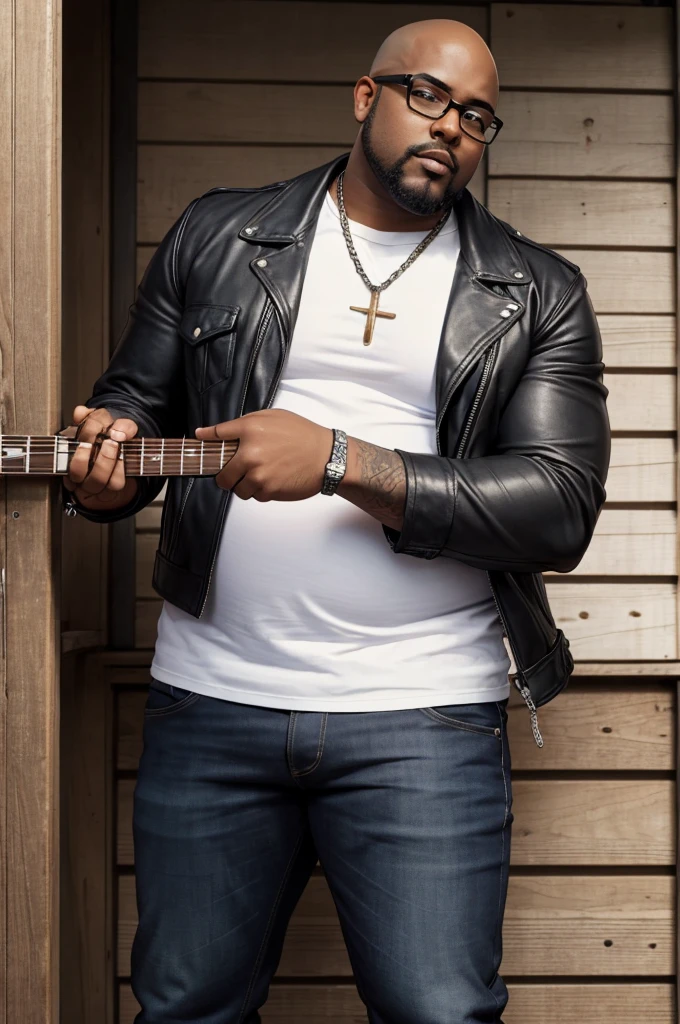 a man with dark skin, fat (overweight), bald (shaved head), black beard, medium height, with square-rimmed glasses, wearing rocker-style clothing with a black leather jacket without a shirt underneath and pants tight jeans with a chain on the front and a cloth hanging on the back and wearing black combat boots, playing the Gibson Les Paul Standard guitar, with a prominent posture in front of an isolated and small white church surrounded by a white wooden fence in a deserted terrain, front view, full body, close-up