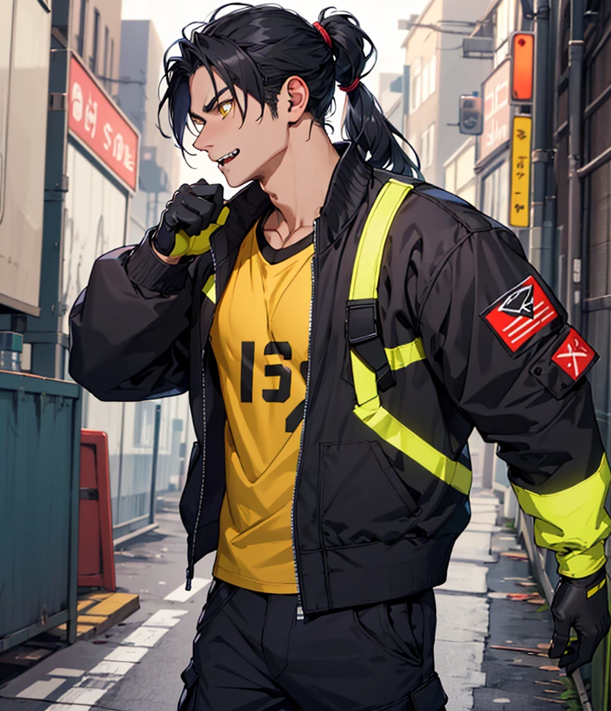 (detailed), 1 man, Black hair in a ponytail Back below the nape of the neck and 2 strands in front, yellow eyes, fangs,black jacket, gray t-shirt, cargo pants, Gloves without fingers, And well defined body.