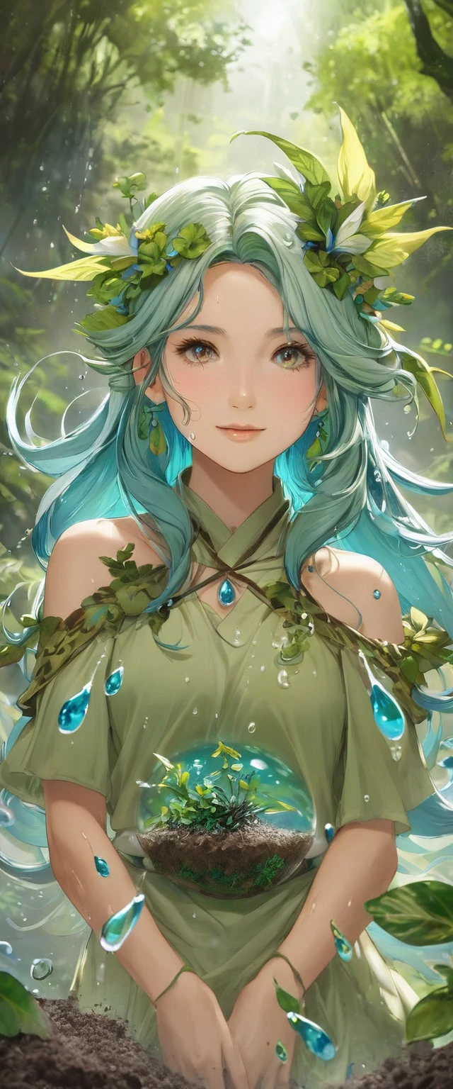One girl, Female Earth Spirit, Earth-colored hair, Internal soil springs, Put a few drops of earth water on your skin,