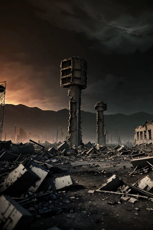 (aliens in war suit), a destroyed post-apocalyptic planet, cracked earth, ruined buildings, abandoned city, debris, rubble, smoky atmosphere, dark skies, eerie lighting, grungy textures, cinematic composition, moody colors, realistic rendering, intricate details, masterpiece, best quality, 8k, destroyed planet, after war, apocalypse