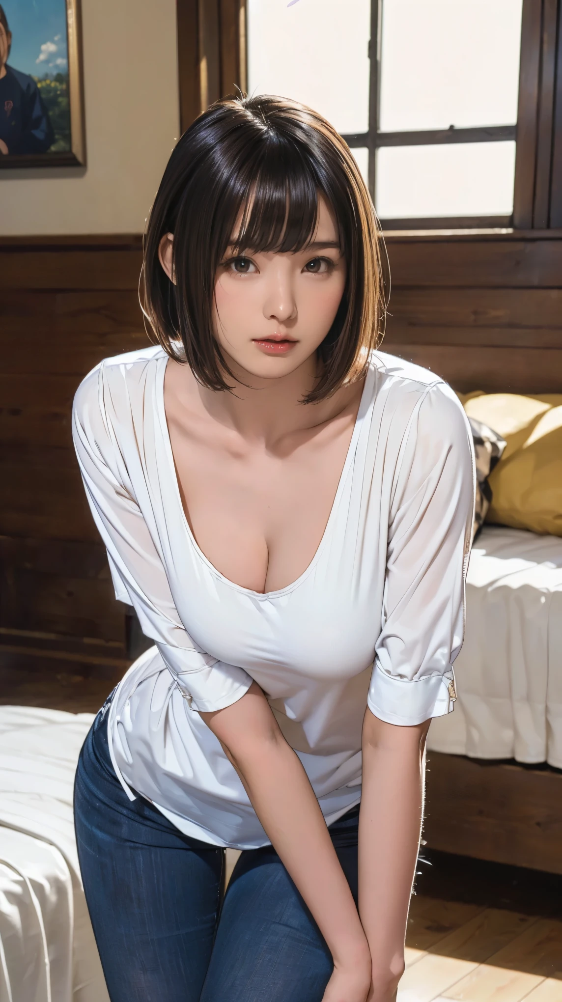 ((masterpiece,Highest quality;1.3,Best illustrations)), ((, Big Breasts, Very slim:1.2)), (Leaning forward, Down blouse:1.4), Black Hair, Bobcut, open forehead, Genuine young gravure idol, Surreal,Provocative,((Beautiful Skin)),((Skin Texture)),((Real Touch)), healthy, unreddish skin