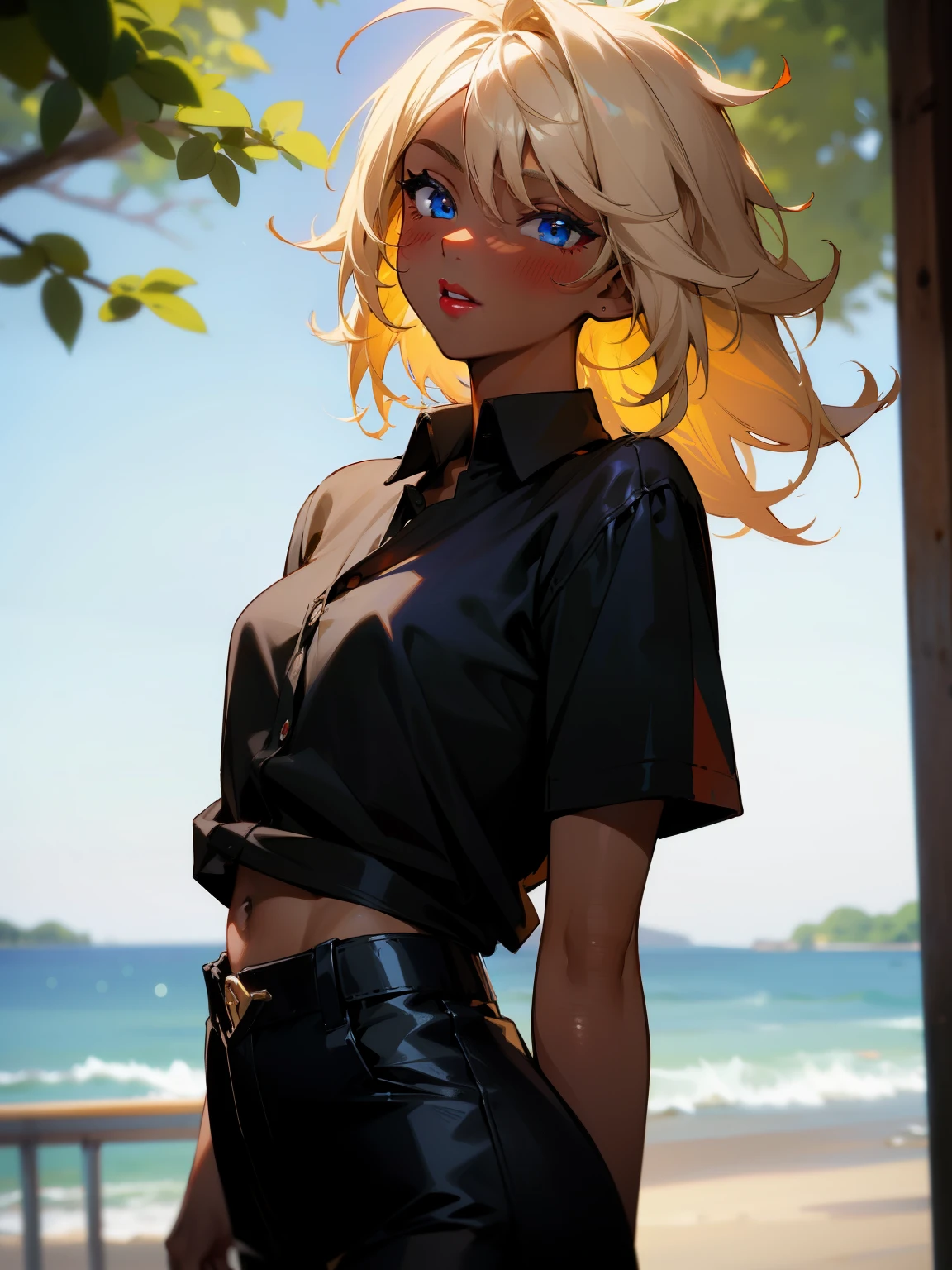 1girl, blonde hair, messy hair, black shirt, black pants, red lipstick, lipstick, outdoors, blue eyes, blush, blushing, natural lighting, tan, tanned, dark skin, very dark skin