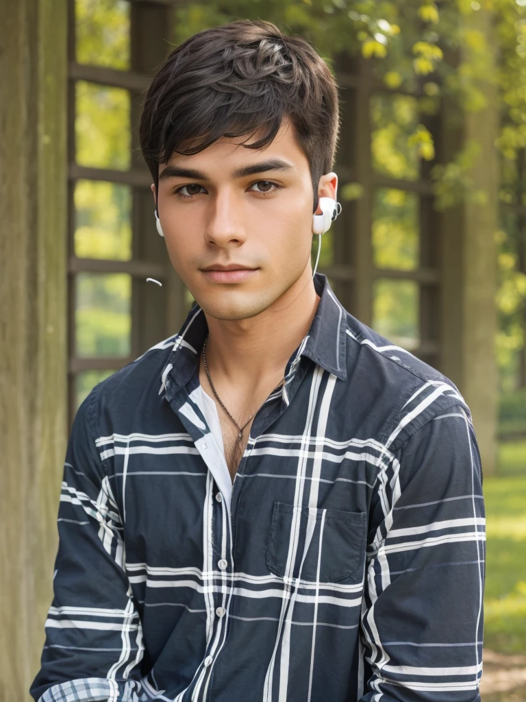 The image shows a young man with dark hair, wearing a plaid shirt and earbuds. He appears to be in an outdoor setting, possibly a garden or park.