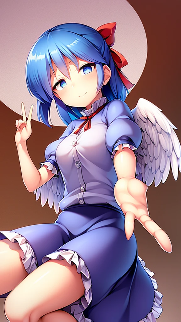 masterpiece, best quality, 1girl, , , , medium blue hair, hair flaps, pink ribbon on head, well-formed face, blue eyes, angel girl, white blouse, puffy short sleeves, red ribbon, angel wings, long white skirt, red shoes, frills, ribbon head, from behind, to lift up one’s skirt, cowboy shot, from front, standing , raise one leg, crossed arms, arms up behind, arms behind back, hand between legs, put hands hip, one hand on hip, forward hands, arms raised in the air, punch hands, peace sign, waving, put up index finger, sit, lie down, closed eyes, lie face down, looking back, put one hand chest, leaning forward, cleavage, close up, horizontally outstretched arms, horizontally outstretched legs, front view, front face