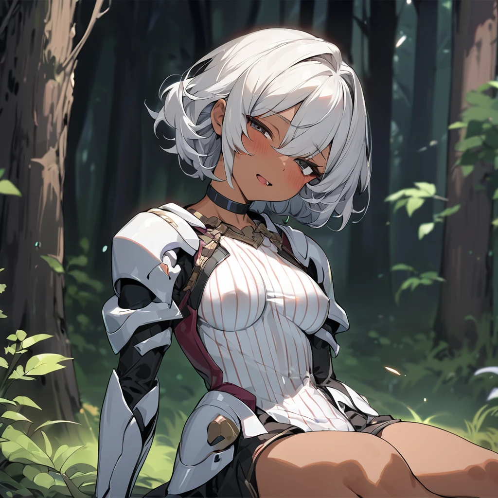 (anime style),masterpiece, best quality, extremely detailed,,tanned skin,dark skin, Beautiful body,tiny body,glass on breasts preK,multicolored colorful white hair,shaggy hair,very short hair,BREAK,black eyes,black choker,shy smile,open mouth,half closed eye,detailed lips,BREAK,BREAK,bruma with vertical stripes,Princess knight light armor,break,head tilt,in the woods,sitting back,