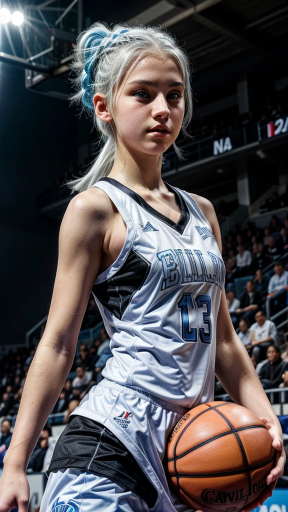girl with white hair up, light blue eyes, White skin , upturned nose and very beautiful in black basketball uniform