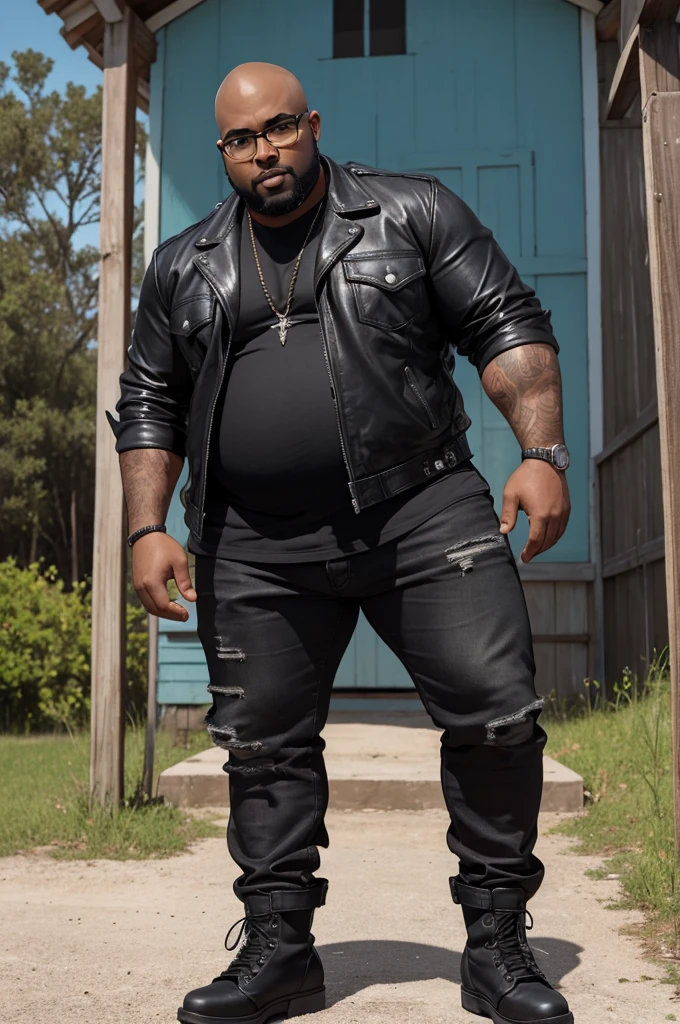 a man with dark skin, fat (overweight), bald (shaved head), black beard, medium height, with square-rimmed glasses, wearing rocker-style clothing with a black leather jacket without a shirt underneath and pants tight jeans with a chain on the front and a cloth hanging on the back and wearing black combat boots, playing the Gibson Les Paul Standard guitar, with a prominent posture in front of an isolated and small white church surrounded by a white wooden fence in a deserted terrain, front view, full body, close-up