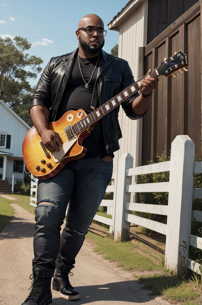 a man with dark skin, fat (overweight), bald (shaved head), black beard, medium height, with square-rimmed glasses, wearing rocker-style clothing with a black leather jacket without a shirt underneath and pants tight jeans with a chain on the front and a cloth hanging on the back and wearing black combat boots, playing the Gibson Les Paul Standard guitar, with a prominent posture in front of an isolated and small white church surrounded by a white wooden fence in a deserted terrain, front view, full body, close-up