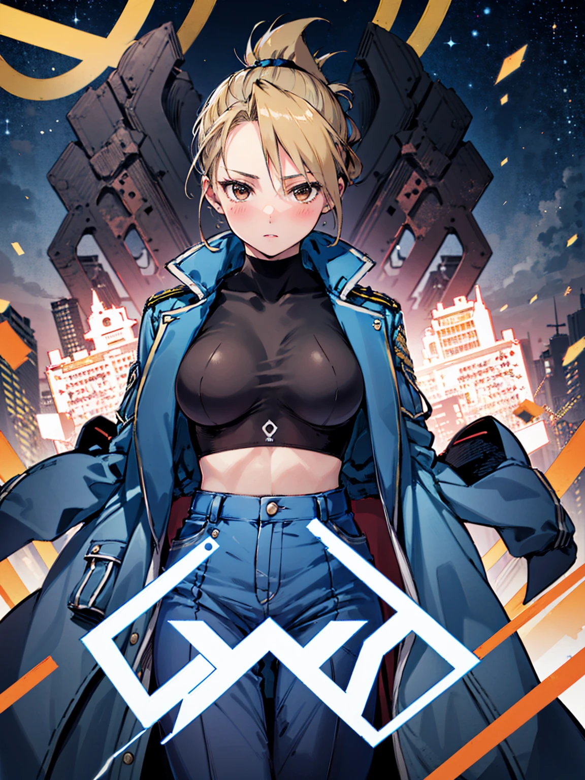 masterpiece, Highest quality, High resolution, One girl, (Blue jacketの下にBlack innerwearを着ている), Folded ponytail, Brown eyes, , uniform, Blue jacket, Blue pants,Invitation , glamorous, ,Big Breasts, Black innerwear, blush
