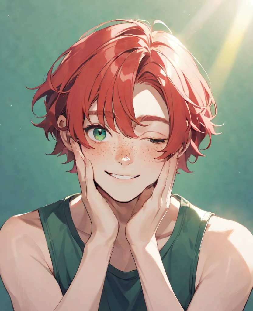 Guy with light red hair, with freckles on the face, shoulders and palms, One eye is green, the second blue 