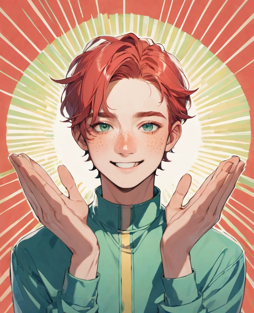 Guy with light red hair, with freckles on the face, shoulders and palms, One eye is green, the second blue 