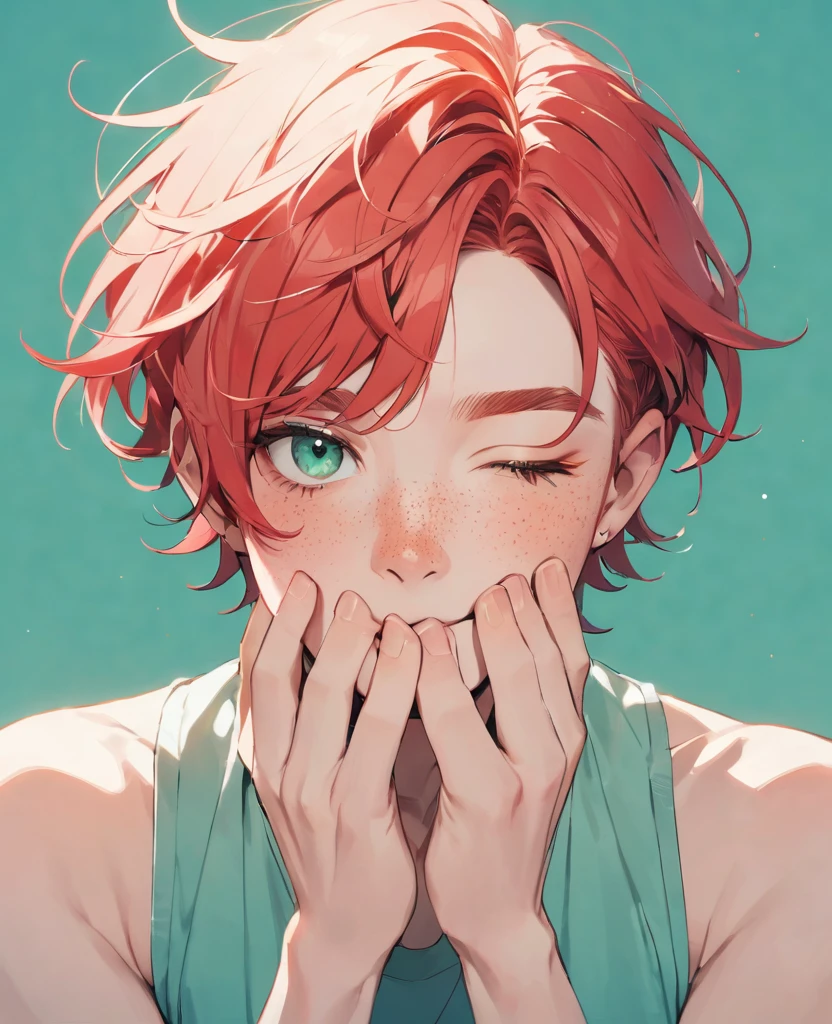 Guy with light red hair, with freckles on the face, shoulders and palms, One eye is green, the second blue 