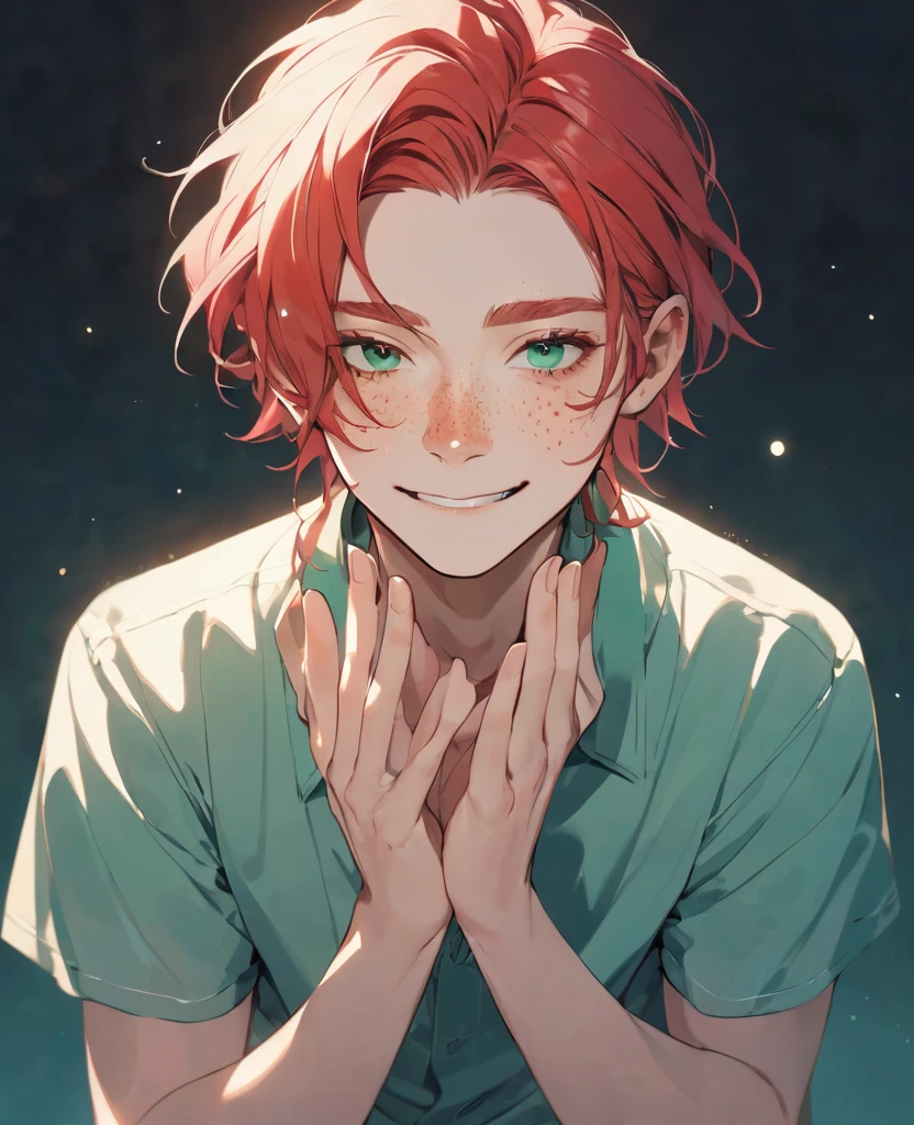 Guy with light red hair, with freckles on the face, shoulders and palms, One eye is green, the second blue