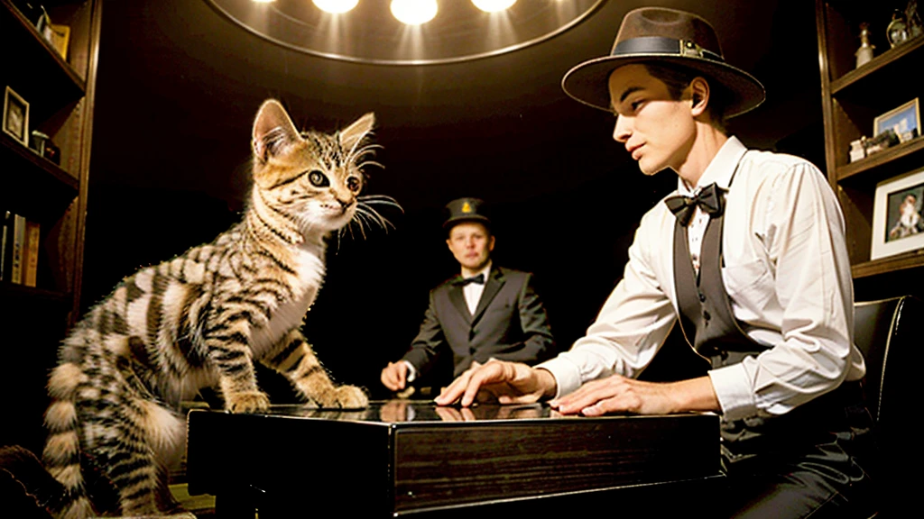 (masterpiece), (best quality:1.4), high resolution, 8k, dramatic lighting, realistic, ((a cute kitten)), large pupils, round pupils, ((cute)), curious, full body, mechanized equipment, (space ship),, A cozy jazz café with dim, warm lighting. A sophisticated cat wearing a small fedora and a bow tie is seated at a grand piano, playing jazz music. The cat's paws move gracefully across the keys, and its eyes are half-closed in concentration. Background details include a few small tables with customers enjoying their drinks, a vintage record player, and shelves lined with old jazz records. Smoke wafts gently in the air, creating an atmospheric, nostalgic scene. The overall mood is relaxed and slightly melancholic, capturing the essence of a classic jazz bar.
