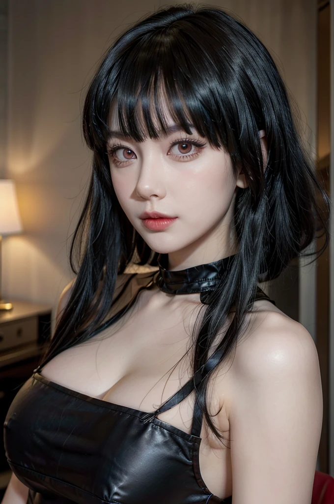 Yor from spy x family, realistic, age 25, pure white skin, red pupils, black long bangs, black assassin dress, perfect face, perfect shape body, large breasts, clothes covered upper body, 3d .