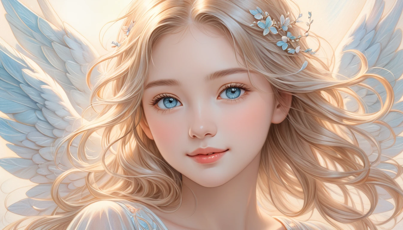 title: "Ethereal Whispers: Gentle smile" Art Style: Colored pencil drawing - texture: soft and ethereal, A color palette with a focus on subtle shading: Pastel tones with light gold accents, Light orange and light blue express transparency and gentleness: - The name of the piece: Waist shot portrait of an angel with a gentle expression with eyes closed, Front View - Features: Delicately defined, Emphasizing the transparency and purity of your subject's skin - Expression: Subtleties, Gentle smile, Communicating Inner Peace and Contentment - Eyes: softly closed or gazing downwards, Enhances a sense of introspection and calm - Hair: Light and airy, Fine hairs highlighted by sunlight, Increased transparency - background: Blurred, Dreamy Background - Elements: Reminiscent of a serene natural landscape, Soft focus garden and watercolor sky - lighting: soft, Diffuse light illuminating the subject's face, Emphasise transparency and purity of expression: Peaceful and introspective, 静かな喜びとloveと幻想的な美しさの瞬間を捉える,Highest quality,Top quality exquisite and realistic angel wings,soft光を放つ大きな翼,1 Female,Cute angel,Smiling Angel,Angel wearing a long-sleeved white blouse,Lolita,Long sleeve blouse,Angel wearing western clothes,Close up of hands,A soft magical light emanates from your hands,Reiki,Emit healing energy from your hands,magical energy,Smiling angel with eyes closed,pray天使,meditation,pray,Bright landscape,A gentle gaze,love,mercy,にっこりとSmiling Angel,rainbow,Top quality masterpiece, Highest quality and official artistic standards, A beautiful and visually stunning angel,This piece is very ingenious, rich in color, Exquisitely crafted down to the last detail, Vibrant, Vibrant, A unique visual experience. Optical blending technology brings playful patterns、Add depth to your artwork, Enhances overall texture and color richness, Beautiful angel,Focus on the hands,Focus on the magic light,noon,Midsummer,Bright sunshine,albino,Blonde Hair
