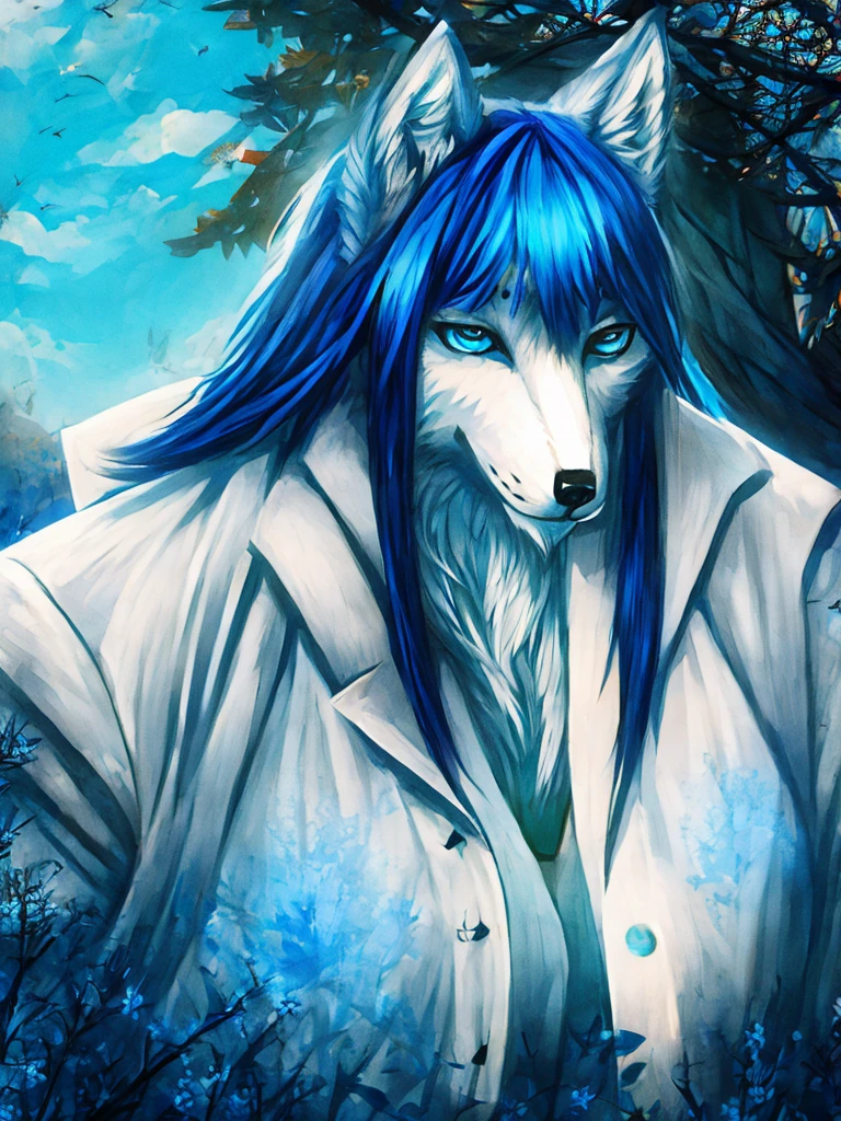 Wolf woman, with big blue hair, white coat, with white tail with blue, with blue eyes,