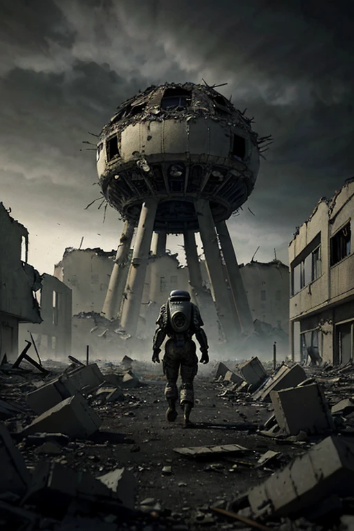 (aliens in war suit), a destroyed post-apocalyptic planet, cracked earth, ruined buildings, abandoned city, debris, rubble, smoky atmosphere, dark skies, eerie lighting, grungy textures, cinematic composition, moody colors, realistic rendering, intricate details, masterpiece, best quality, 8k, destroyed planet, after war, apocalypse