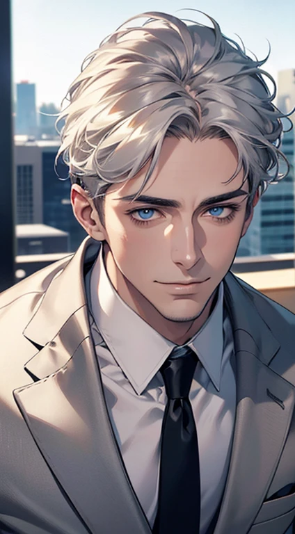 (best quality,4k,8k,highres,masterpiece:1.2),ultra-detailed,(realistic,photorealistic,photo-realistic:1.37),1 man,31 years old,mature man,very handsome,without expression,smile,short grey white hair,blue eyes,penetrating gaze,perfect face without errors,imposing posture,businessman,office background,cinematic lighting,hdr image