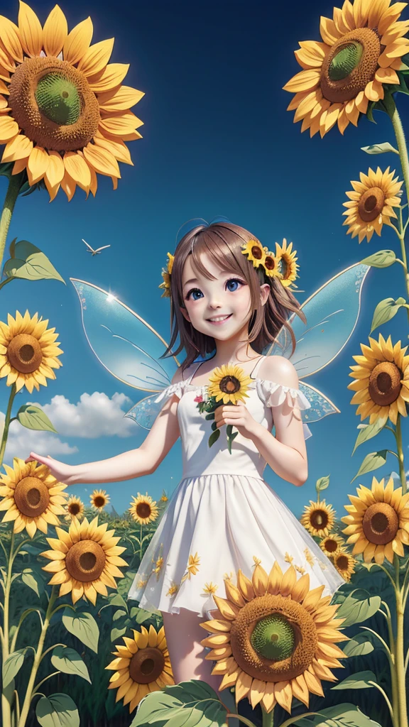 Cute fairy with a sense of transparency、Bright smile、Have fun playing、Beautiful background、Bright background、Sunflower background
