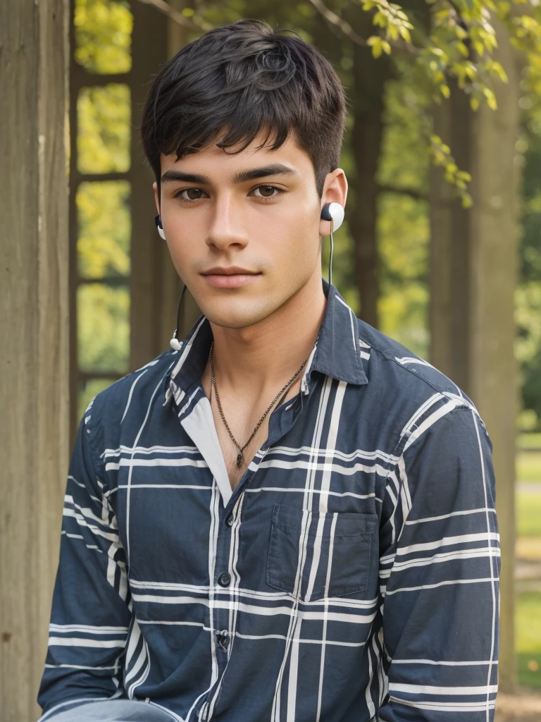 The image shows a young man with dark hair, wearing a plaid shirt and earbuds. He appears to be in an outdoor setting, possibly a garden or park.