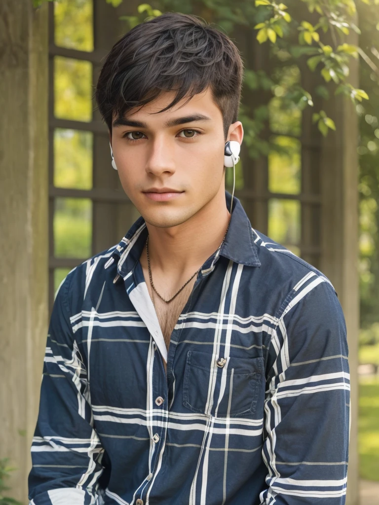 The image shows a young man with dark hair, wearing a plaid shirt and earbuds. He appears to be in an outdoor setting, possibly a garden or park.