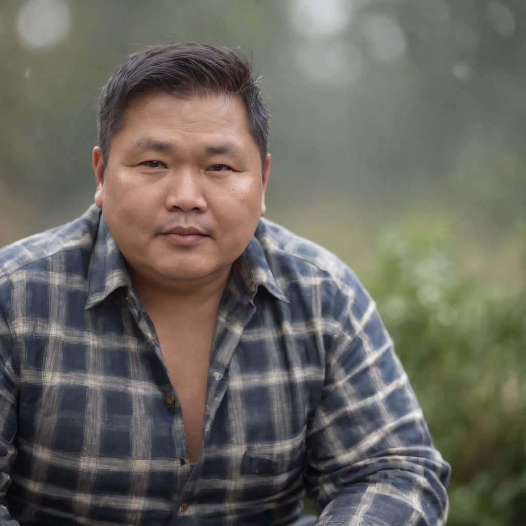 Man, Asian, fat, Chubby, 50 years old, wearing an unbuttoned plaid shirt, sitting, wet from the rain, 