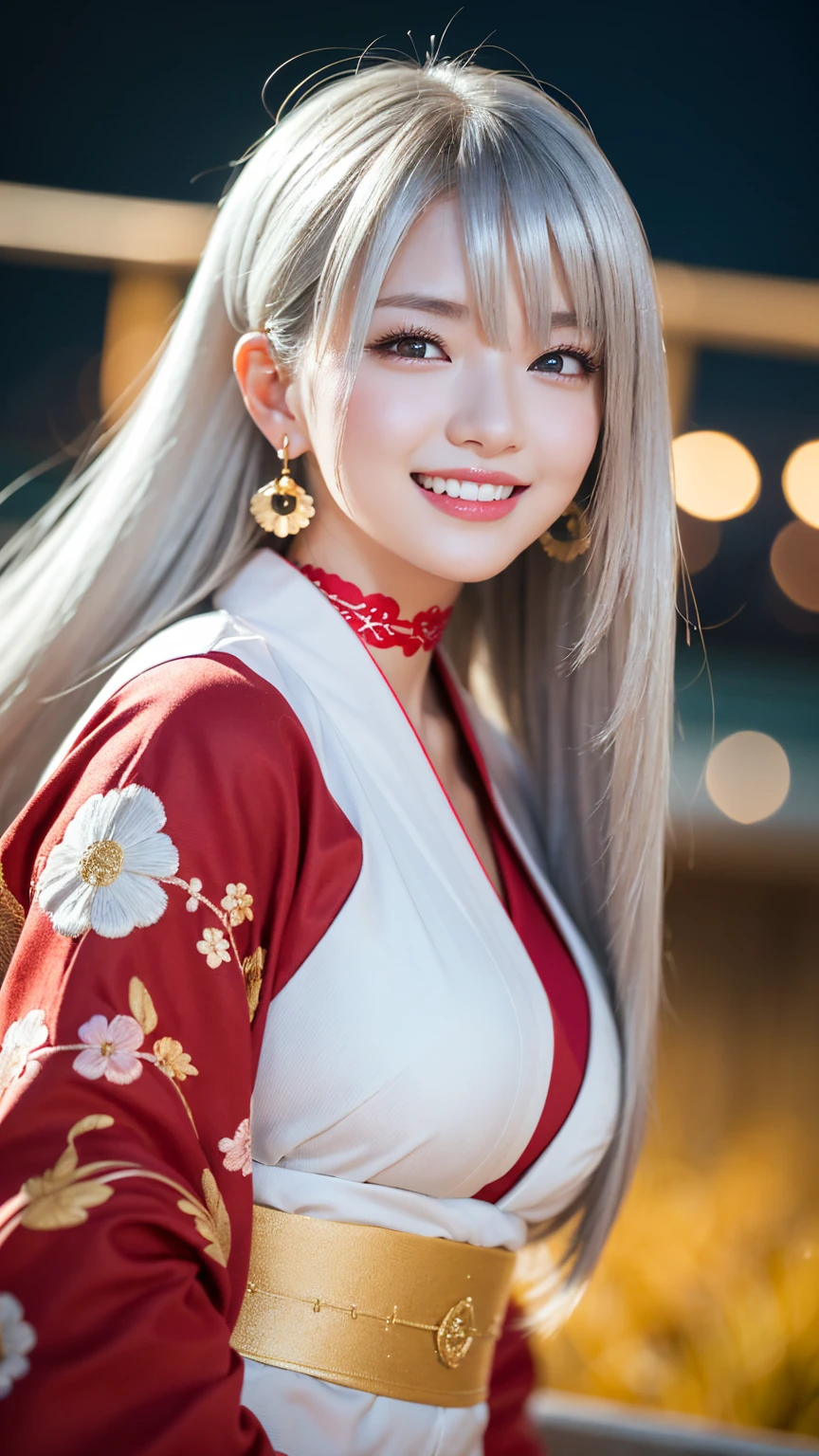 ((One personの女性)), Beautiful Face, (Laughing embarrassedly), (smirk:1.4), ((Wink:1.8)), (head tilt:1.3), Laugh with your mouth wide open, upper teeth, looking at viewer, (Doing sexy poses), ((Bright red cheeks:1.4)), Glossy Red Lips, night,Terrace with sea view, firework, Glossy red lips, Shining Face, ((Anime style background)),masterpiece, Highest quality, so beautiful,up to date, Complex details, (long nails of red color), (nail art), (ring),(bracelet),(Floral choker),AI-generated, Complex,High resolution, Highest quality, super high quality,3D Images、3D Images,One person,Long white hair,High Ponytail, Anime woman posing for a photo, (Bluish, lightly pigmented eyes:1.2), ((Fine grain、Silvery white eyes、Shining Eyes:1.3)), (Squint your eyes:1.1),a hyperRealistic , hyperRealistic , Realistic,Anime woman with long white hair, Smooth anime CG art, (A woman in a colorful kimono with gold embroidery), (Black long sleeve kimono),Red floral pattern,Long flower hair ornament,Earrings,Mature Body,(Big Breasts:1.1),Tall,Abdominal muscles,Tight waist, (face focus:1.3), (dutch angle:1.3),