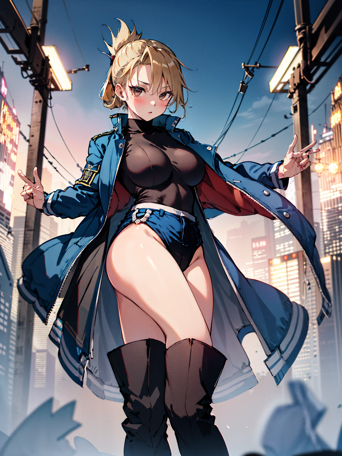 masterpiece, Highest quality, High resolution, One girl, (Blue jacketの下に黒の加圧シャツを着ている), Folded ponytail, Brown eyes, , uniform, Blue jacket, Blue pants,Invitation , glamorous,  ,Big Breasts, Black innerwear, blush
