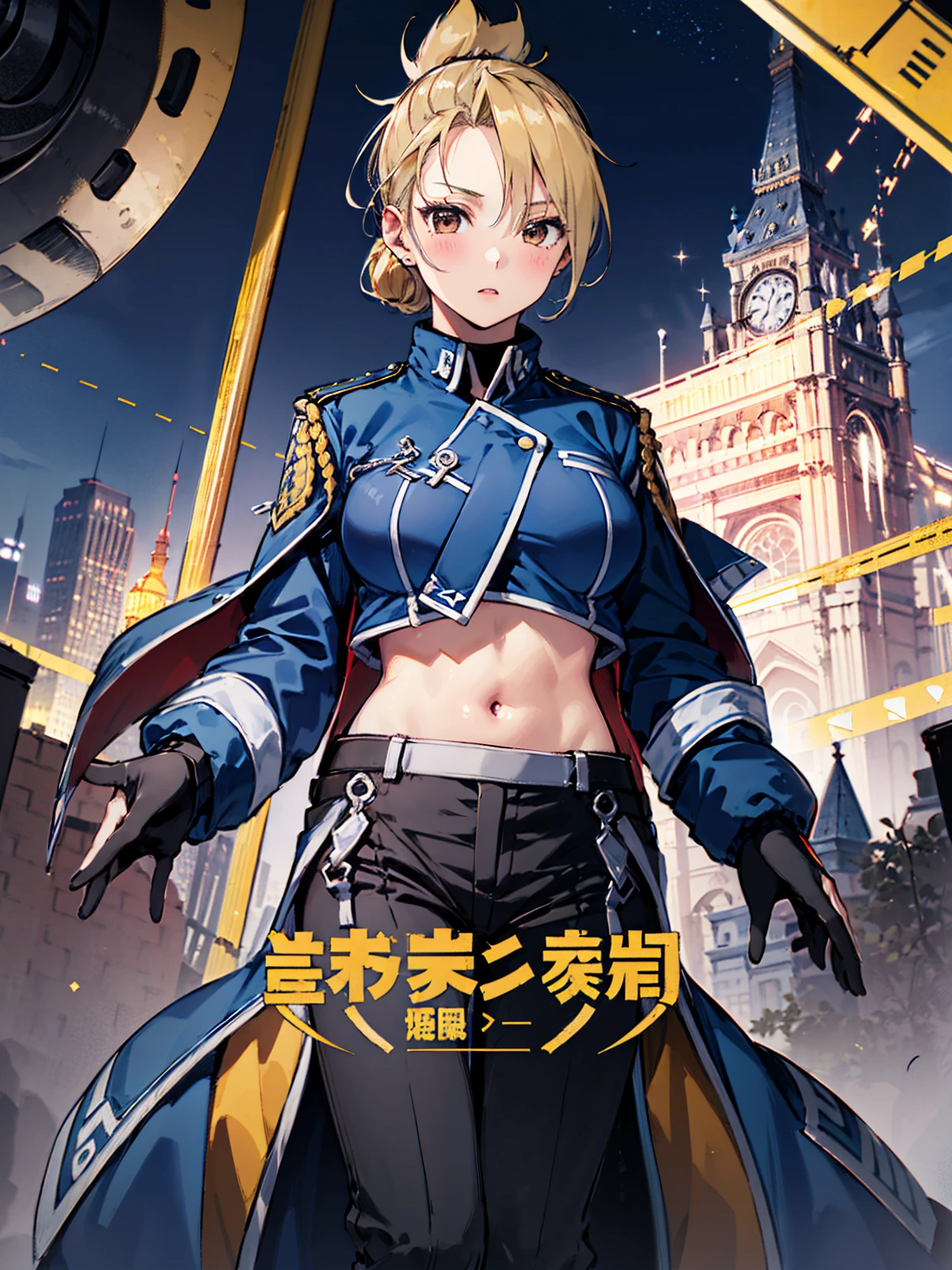 masterpiece, Highest quality, High resolution, One girl, (Blue jacketの下に黒の加圧シャツを着ている), Folded ponytail, Brown eyes, , uniform, Blue jacket, Blue pants,Invitation , glamorous,  ,Big Breasts, Black innerwear, blush
