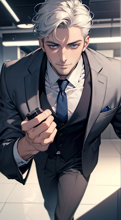 (best quality,4k,8k,highres,masterpiece:1.2),ultra-detailed,(realistic,photorealistic,photo-realistic:1.37),1 man,31 years old,mature man,very handsome,without expression,smile,short grey white hair,blue eyes,penetrating gaze,perfect face without errors,imposing posture,businessman,office background,cinematic lighting,hdr image
