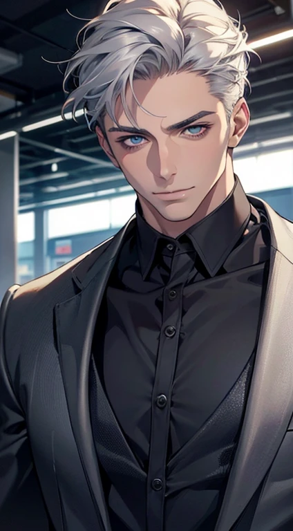 (best quality,4k,8k,highres,masterpiece:1.2),ultra-detailed,(realistic,photorealistic,photo-realistic:1.37),1 man,31 years old,mature man,very handsome,without expression,smile,short grey white hair,blue eyes,penetrating gaze,perfect face without errors,imposing posture,businessman,office background,cinematic lighting,hdr image