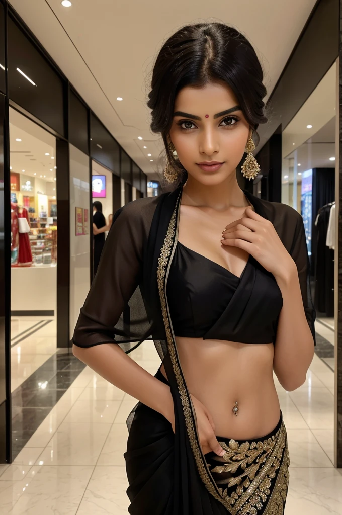 araffe girl in a sari posing for a picture in a mall, very attractive and beautiful, traditional beauty, breathtaking look, dressed in a black sari, mid-shot portrait of a beautiful, wearing a sari, beautiful model, beautiful look, very beautiful photo, stylish pose, gorgeous girl, pretty face!!, with lovely look, beautiful face!!!!, attractive and beautiful nd sexy look 