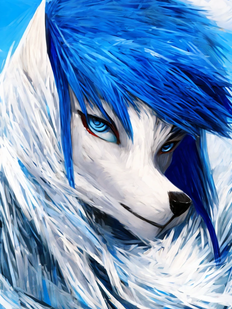 Wolf woman, with big blue hair, white coat, with white tail with blue, with blue eyes,