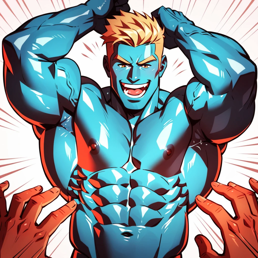 , handsome muscular teal skin ghostly man laughing hands above head, tickled armpits, tickled ribs by two muscular handsome ginger and blonde men, haunted house background 