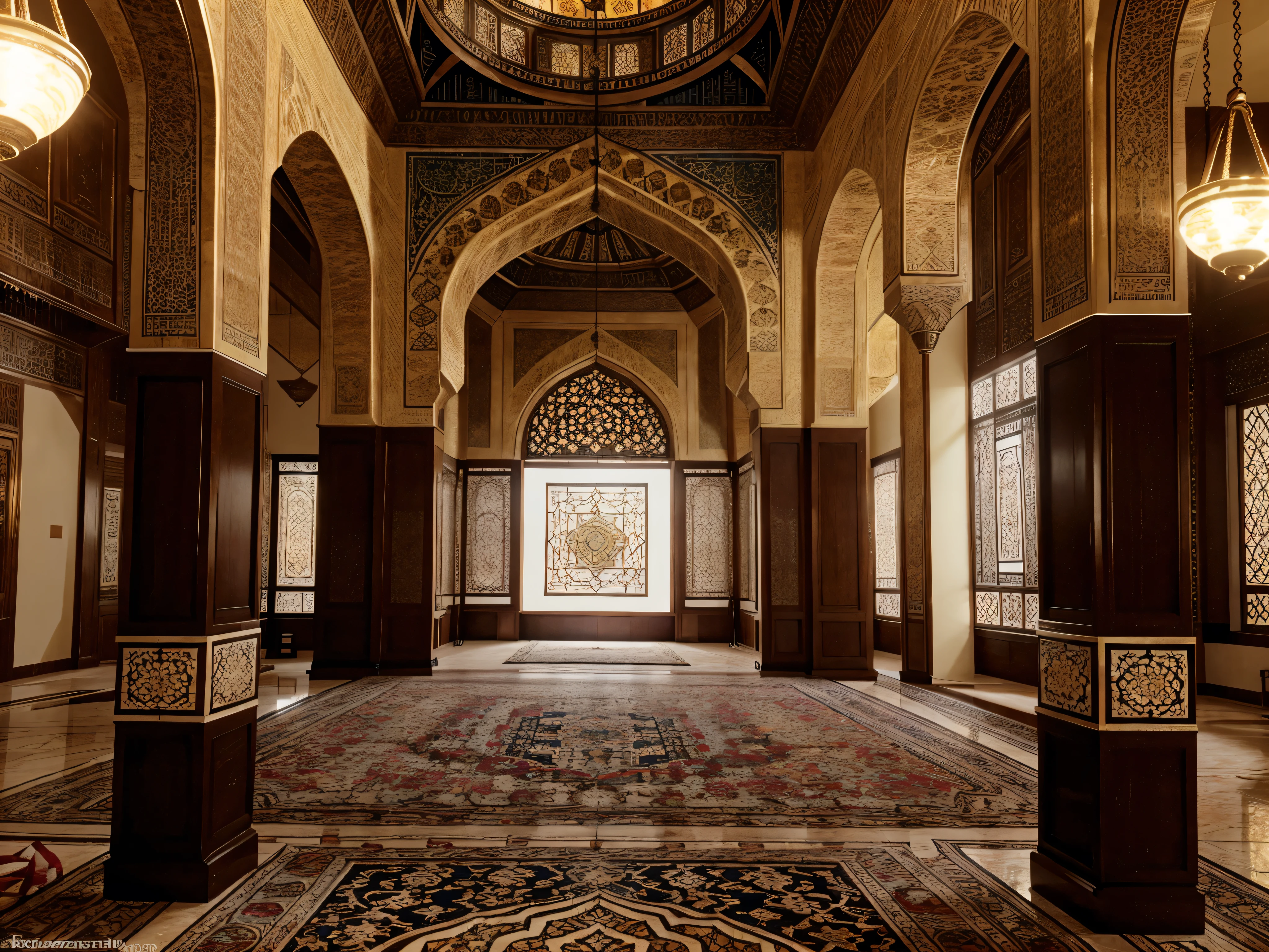 interior of a mosque,intricate arabic architecture,ornate decorative patterns,detailed marble floors,stained glass windows,ornate ceiling with calligraphy,golden chandeliers,warm lighting,peaceful atmosphere,high ceilings,islamic calligraphy,rich colors,ornate mihrab,domed architecture,best quality,8k,highres,masterpiece,ultra-detailed,photorealistic,vivid colors,studio lighting