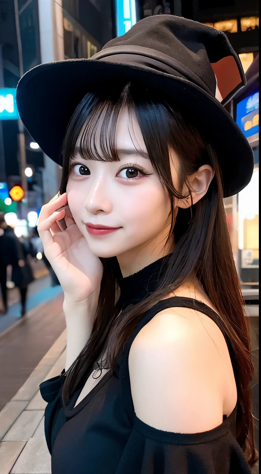 high quality, 最high quality, masterpiece, Very fine、beautifully、detailed, Professional photos, Proper Lighting,
Very beautiful girl, Beautiful Face, Face Tattoos,
Halloween Costumes, Black short dress, Black witch hat, Orange Accessories,
smile, Laughter, Blushed, (thin, Pale skin,:0.8)
Very straight medium hair with single blades,
(Bokeh, Dynamic Angle, city, on the road, Midnight, Shibuya Ward,:0.8)