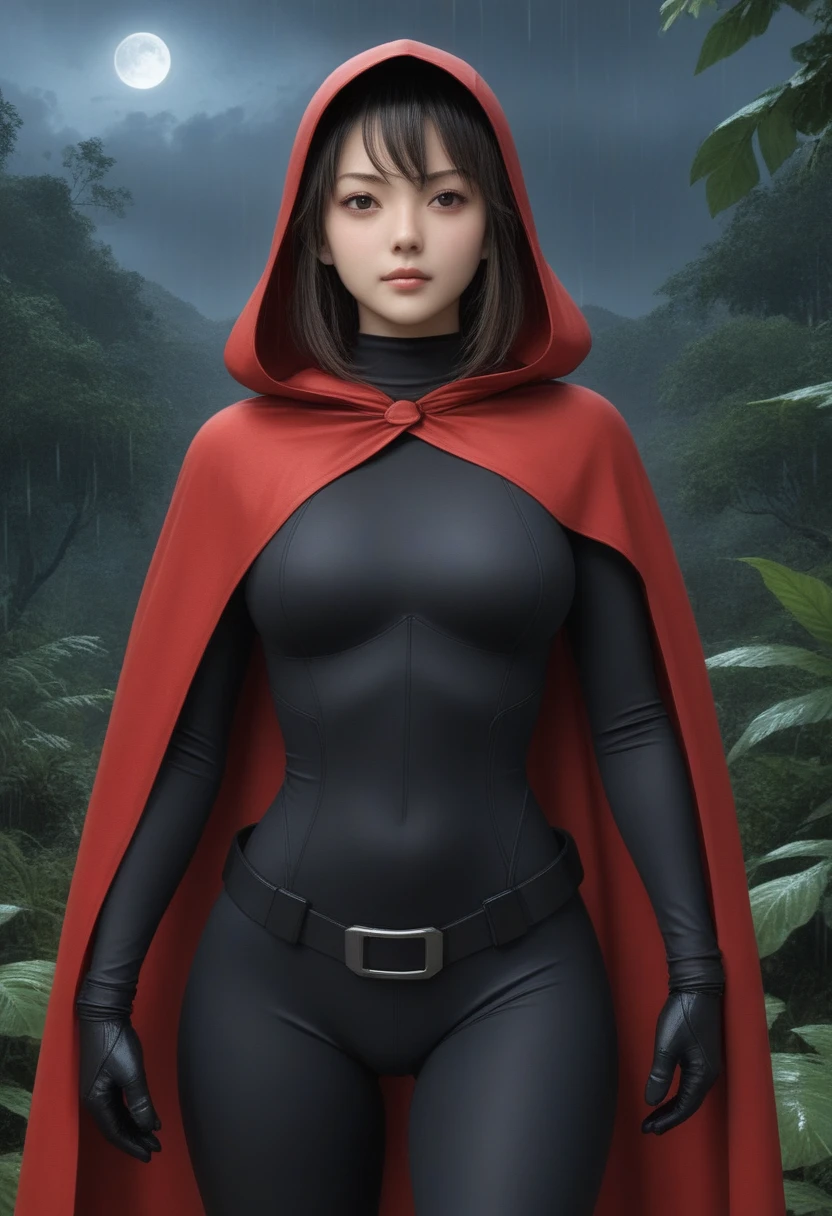 zPDXL, source_anime, BREAK Trilla, helmet with red visor, cape, armor,black gloves,tight bodysuit,black cape,black pants, BREAK close-up, solo, standing, front view, medium breasts, hands on hips, wide hips, BREAK x3dce, 3d, jungle background, dense vegetation, rain, night, night sky,