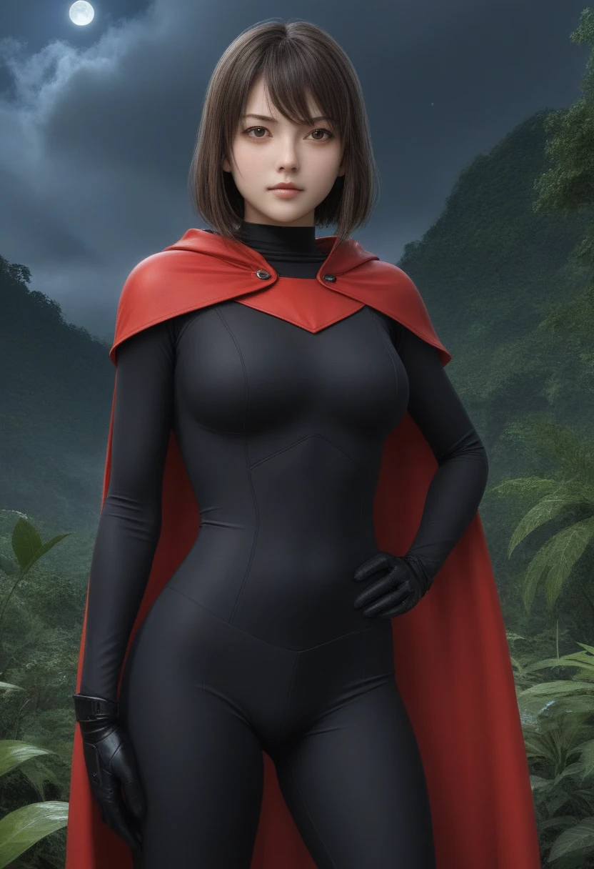 zPDXL, source_anime, BREAK Trilla, helmet with red visor, cape, armor,black gloves,tight bodysuit,black cape,black pants, BREAK close-up, solo, standing, front view, medium breasts, hands on hips, wide hips, BREAK x3dce, 3d, jungle background, dense vegetation, rain, night, night sky,
