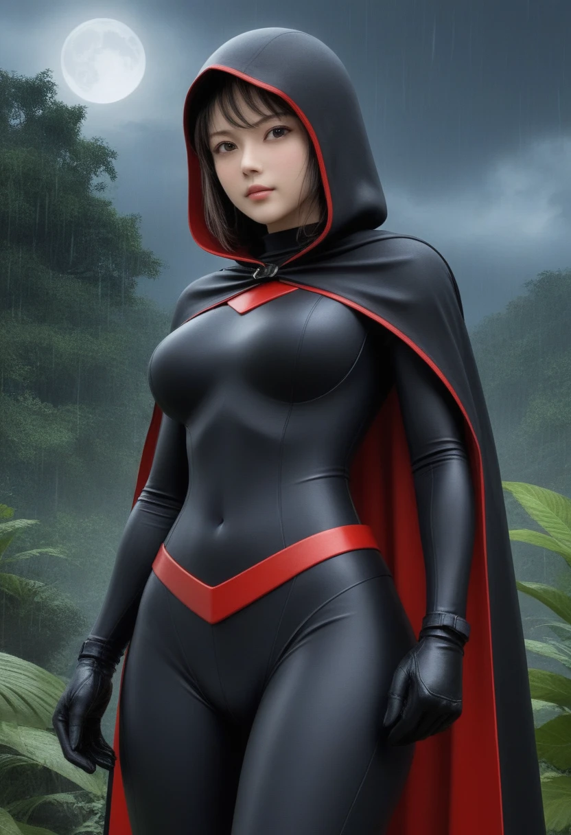 zPDXL, source_anime, BREAK Trilla, helmet with red visor, cape, armor,black gloves,tight bodysuit,black cape,black pants, BREAK close-up, solo, standing, front view, medium breasts, hands on hips, wide hips, BREAK x3dce, 3d, jungle background, dense vegetation, rain, night, night sky,
