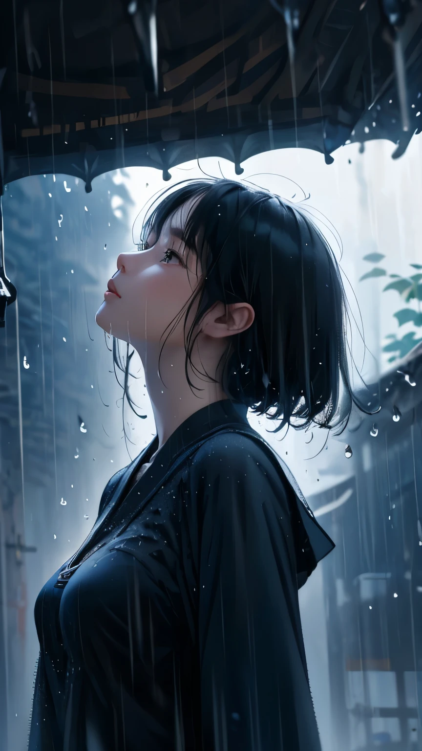 Master Painting、Optimal quality、downpour、woman、Short black hair、Looking up at the sky、Upper Body、Black jersey、Large Breasts、Asian、high school girl、Eaves、Rain-soaked hair