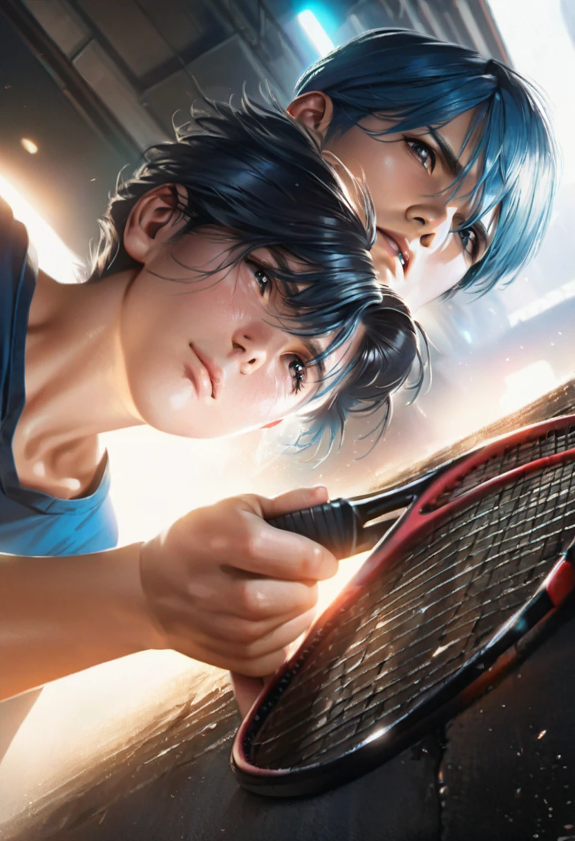 a young blue-haired boy holding a tennis racket, outdoors, best quality, ultra-detailed, realistic, photorealistic, 8k, masterpiece, vivid colors, dramatic lighting, cinematic composition, rule of thirds, sharp focus, physically-based rendering
