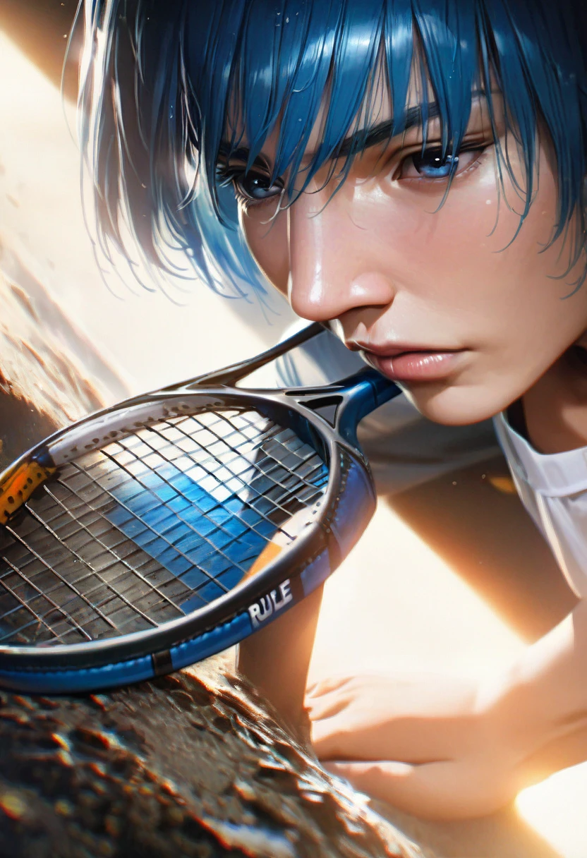 a young blue-haired boy holding a tennis racket, outdoors, best quality, ultra-detailed, realistic, photorealistic, 8k, masterpiece, vivid colors, dramatic lighting, cinematic composition, rule of thirds, sharp focus, physically-based rendering
