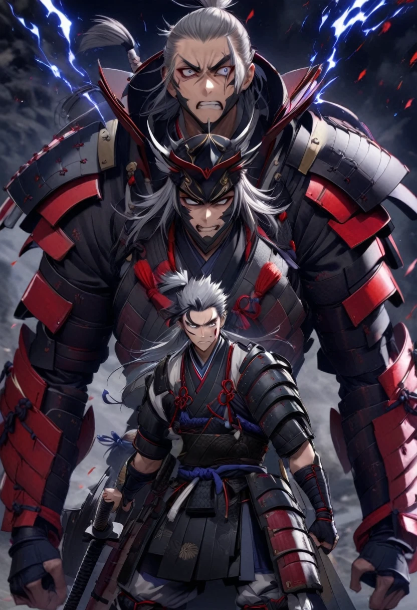 Japanese male, late 20s
   - Tall and lean, with a disciplined physique
   - Long grey hair tied in a samurai-style topknot
   - Scarred face, showing years of battle experience
   - Wears a modernized version of traditional samurai armor, with flexible materials and energy shielding
   - Carries multiple high-tech swords and practices various martial arts
