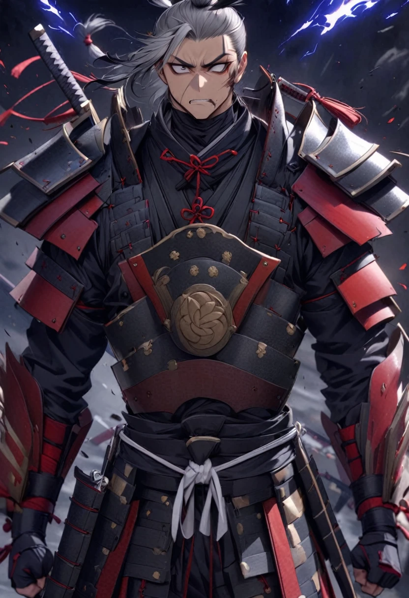 Japanese male, late 20s
   - Tall and lean, with a disciplined physique
   - Long grey hair tied in a samurai-style topknot
   - Scarred face, showing years of battle experience
   - Wears a modernized version of traditional samurai armor, with flexible materials and energy shielding
   - Carries multiple high-tech swords and practices various martial arts

