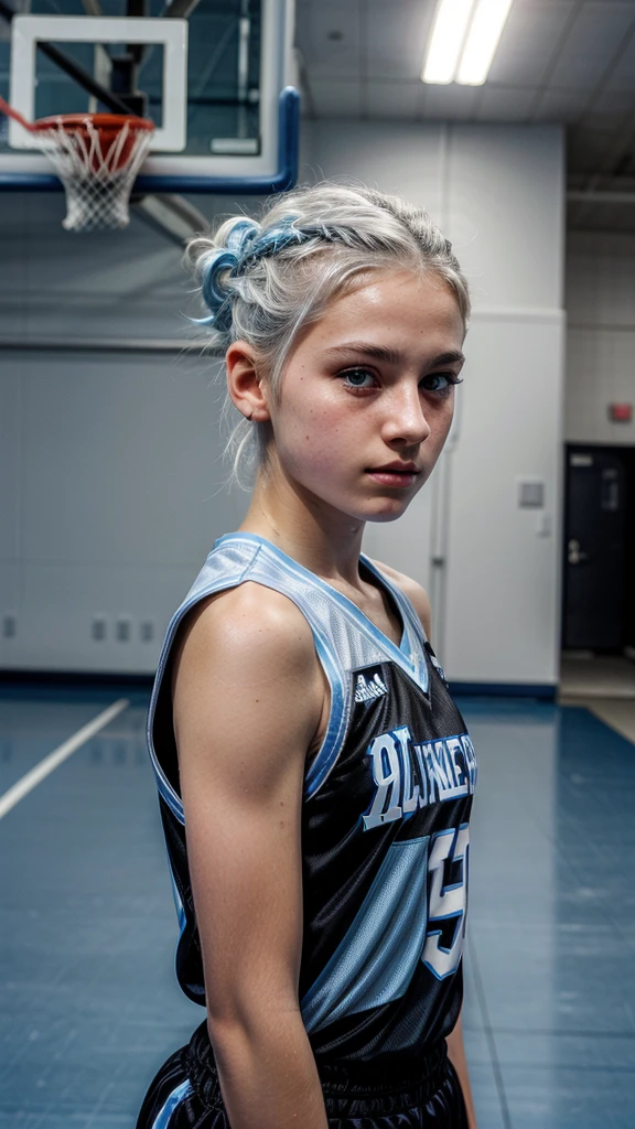 14 year old girl with white hair up, light blue eyes, White skin , small upturned nose and very beautiful in black basketball uniform