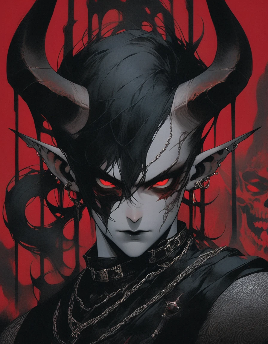 Portrait, close up, Bron above, Skinhead boy, demon boy, very angry, ((total smokey eyes)), (skinhea:1.2 ) , (crimson eyes), (black armor), (long intricate horns:1.3), red liquid lips,  (best quality), highest quality, extremely detail,  8k, wallpaper, detailed and intricate,