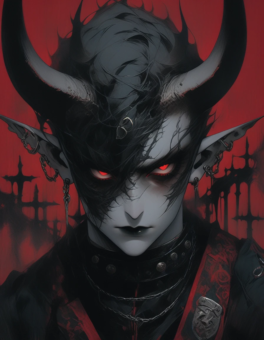 Portrait, close up, Bron above, Skinhead boy, demon boy, very angry, ((total smokey eyes)), (skinhea:1.2 ) , (crimson eyes), (black armor), (long intricate horns:1.3), red liquid lips, (best quality), highest quality, extremely detail, 8k, wallpaper, detailed and intricate,